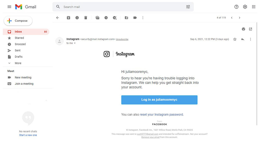 پاسخ ایمیل تیم پشتیبانی اینستاگرام در مرورگر دسکتاپ