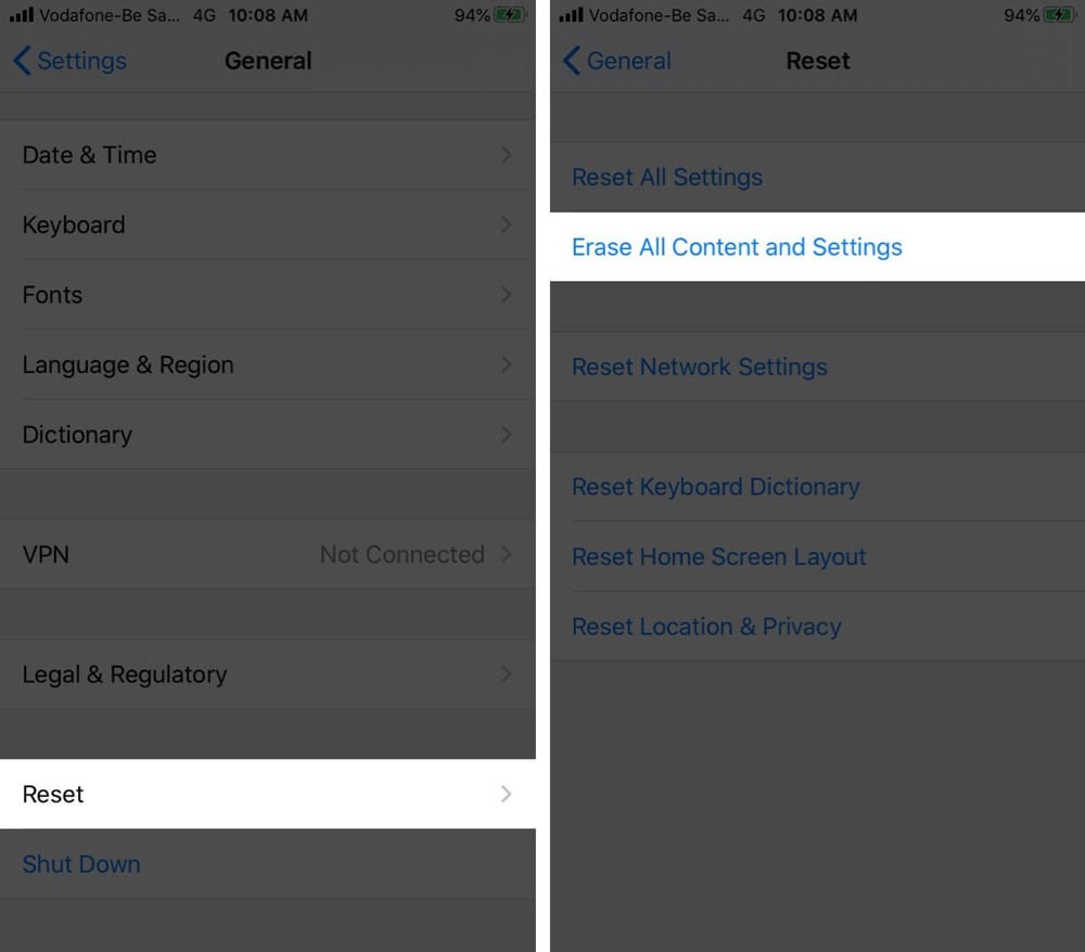 روی Reset و سپس Erase All Content and Settings ضربه بزنید
