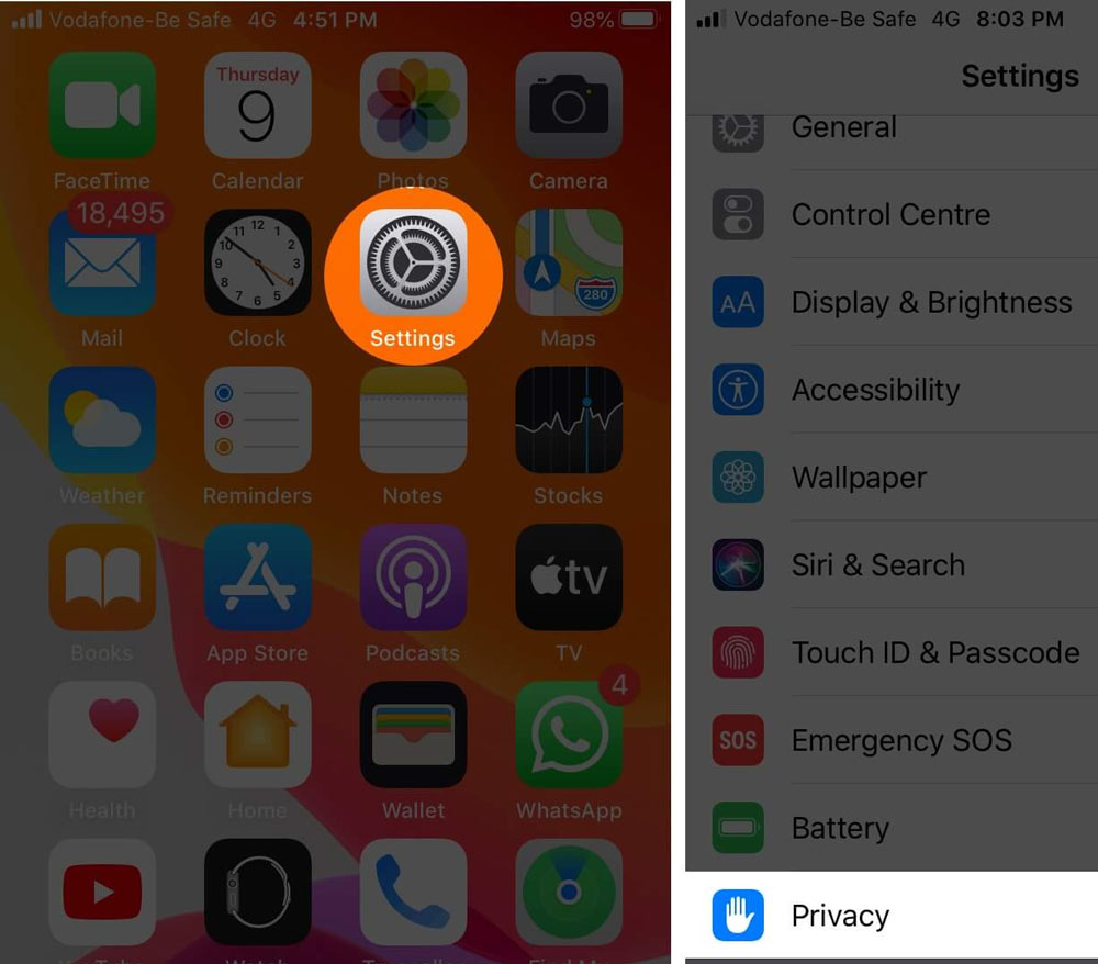 تنظیمات را باز کنید روی Privacy and Location Services ضربه بزنید