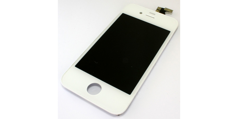 یک عدد تاچ ال سی دی گوشی آیفون 4s اپل به رنگ سفید در پس زمینه شیری رنگ