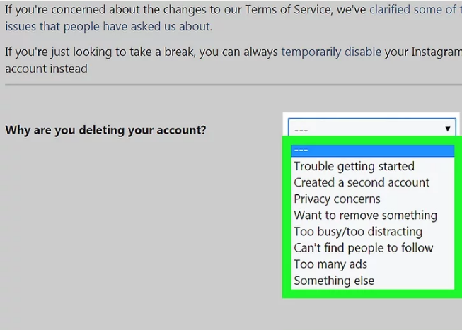 دلیل حذف اکانت اینستاگرام خود را انتخاب کنید
