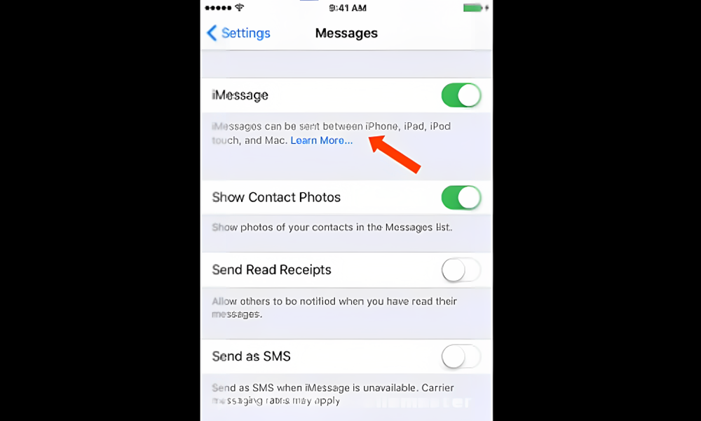 به گزینه imessage بروید. زیر آن یک پیام نوشته شده است 