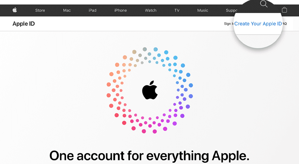 اسکرین شات از appleid.apple.com، که آیکون اپل را در وسط صفحه نشان می‌دهد که توسط دایره‌های رنگی متحدالمرکز احاطه شده است.