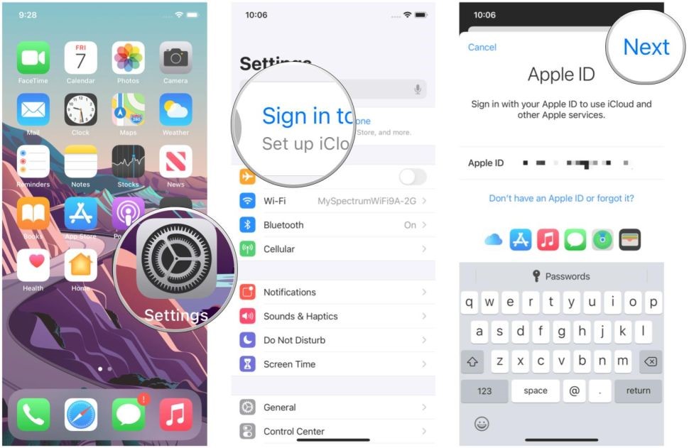 راه اندازی Settings، ضربه روی Sign In 