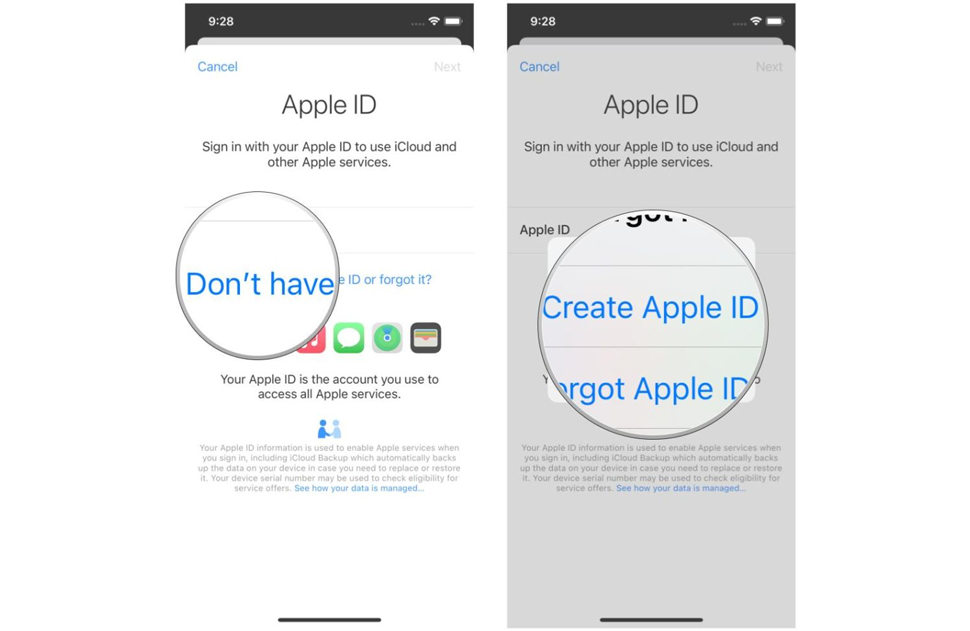  روی Don't a Apple ID یا فراموش کرده اید؟ سپس روی Create Apple ID ضربه بزنید.