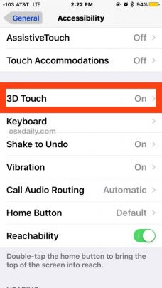 قسمت دسترسی ها (Accessibility) و بعد تاچ سه بعدی (3D Touch)