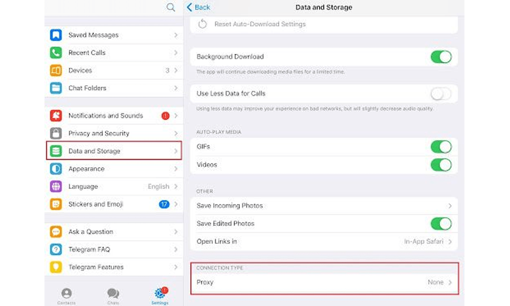 گزینه Data and Storage را انتخاب کنید و سپس به پایین بروید تا Proxy را پیدا کنید