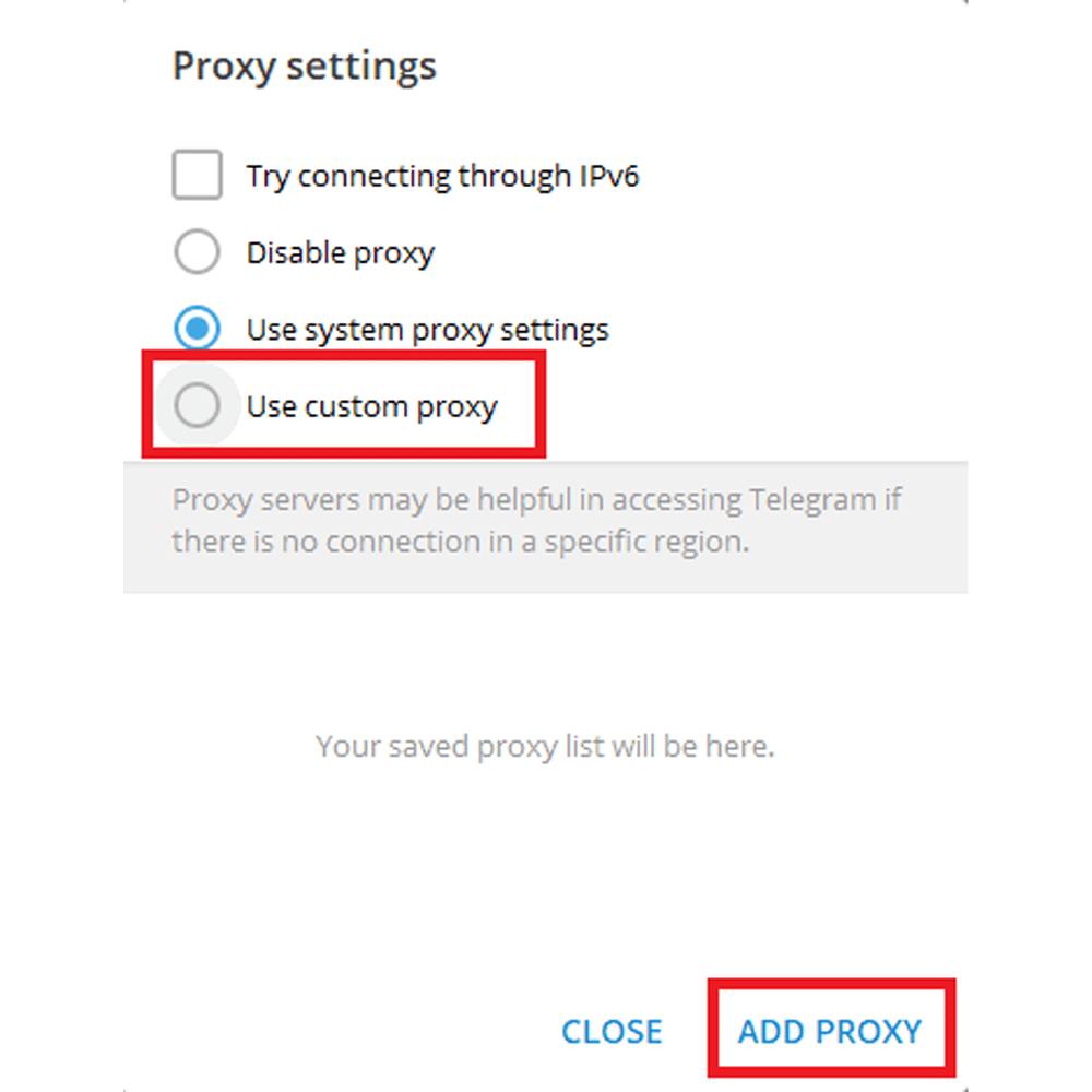 می توانید گزینه Use Custom Proxy یا Add Proxy را انتخاب کنید