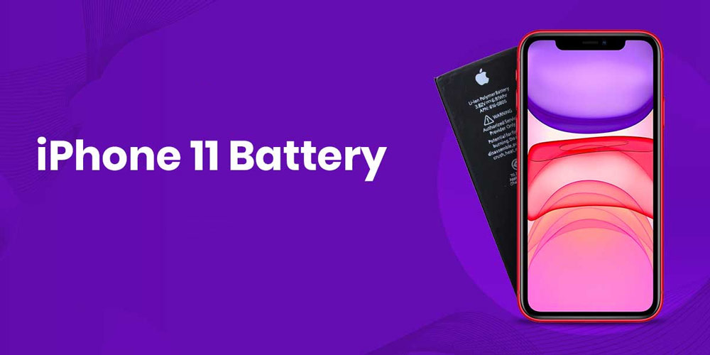 باتری آیفون ۱۱ در پشت موبایل آیفون 11 در پس زمینه بنفش رنگ قرار دارد