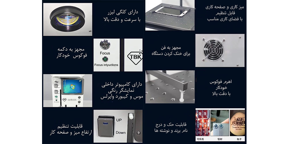 برخی از ویژگی های دستگاه لیزر TBK-958A نوشته شده است و در کنار آن عکس مربوط به ویژگی قرار داده شده است
