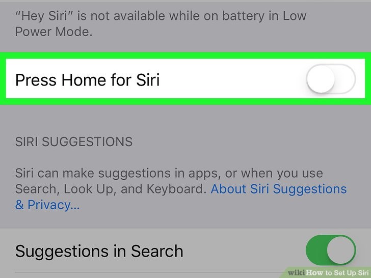 روی گزینه Press Home for Siri ضربه بزنید و آن را سووئیچ کنید