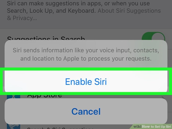 یک پنجره باز می شود و گزینه Enable Siri ظاهر می شود روی آن ضربه بزنید