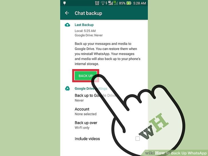 برای تهیه فوری نسخه پشتیبان از گفتگوها و چت تان روی گزینه «Back up» ضربه بزنید