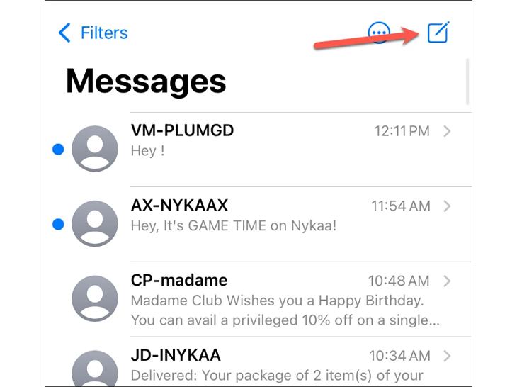 برنامه Messages را باز کنید و روی دکمه "نوشتن" در گوشه سمت راست بالا ضربه بزنید.
