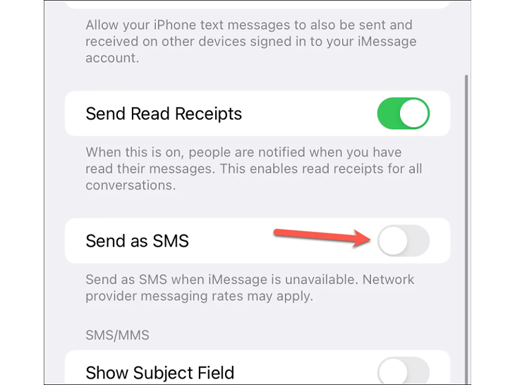 به پایین اسکرول کنید و دکمه کشویی «ارسال بهعنوان پیامک» را خاموش کنید