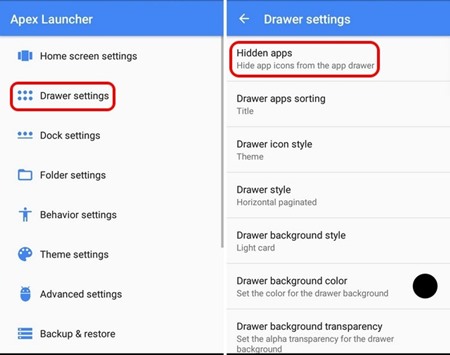 گزینه Drawer Settings و بعد Hidden Apps را انتخاب نمایید گزینه Drawer Settings و بعد Hidden Apps را انتخاب نمایید