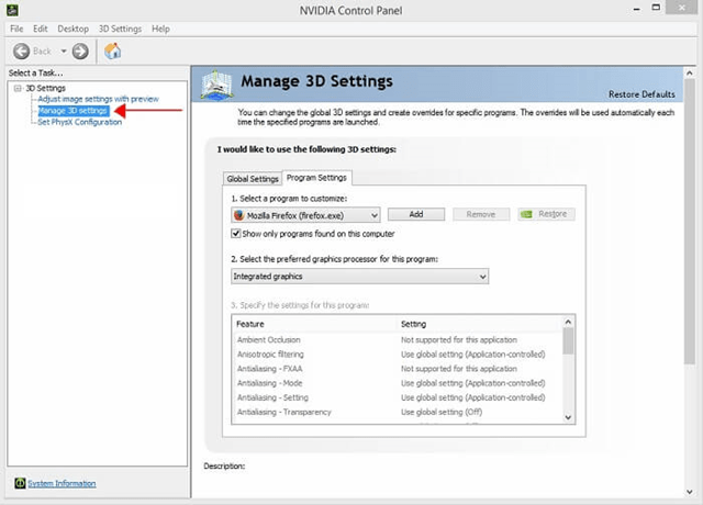گزینه Manage 3D Settings را انتخاب کنید