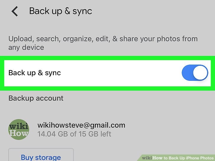 دکمه کشویی Back up & sync را روی وضعیت روشن قرار دهید