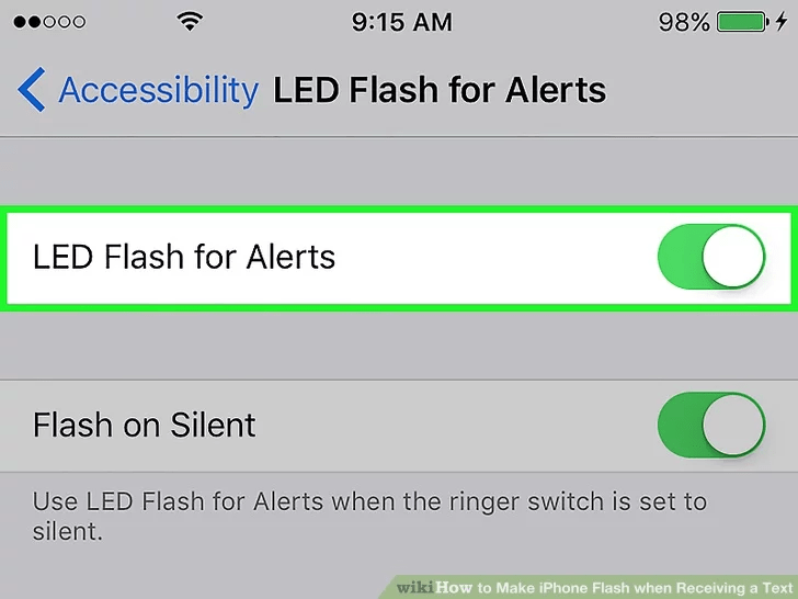 دکمه کشویی در کنار «LED Flash for Alerts» را روی وضعیت On قرار دهید