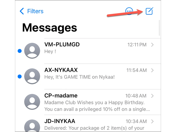 با ضربه زدن روی دکمه «نوشتن» یک چت جدید با کاربر دیگری از iMessage شروع کنید