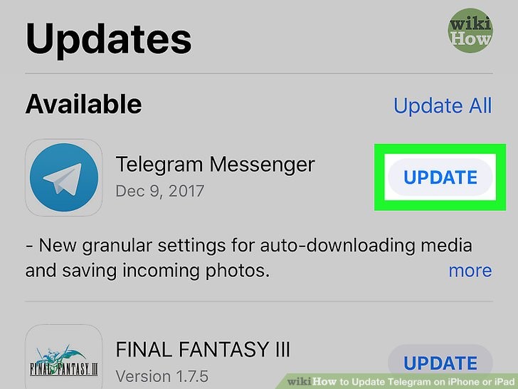 روی گزینه update در کنار تلگرام ضربه بزنید