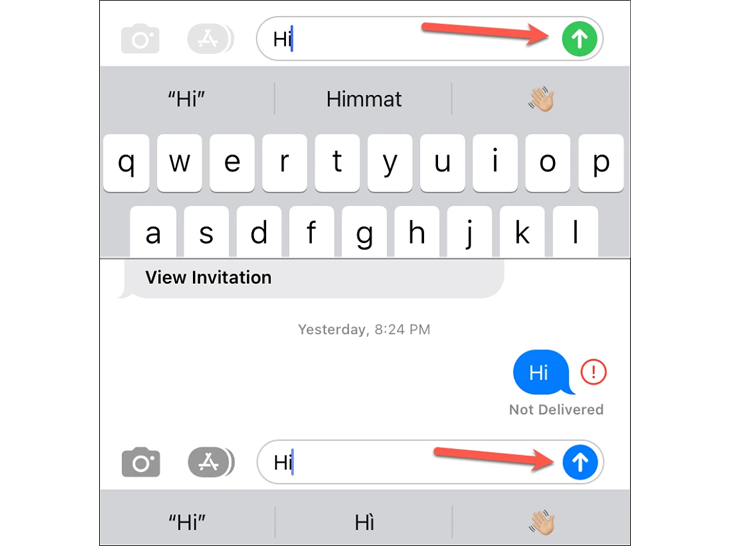 پیام را در هر دو حالت تایپ کنید و ببینید که فلش «ارسال» سبز است یا آبی