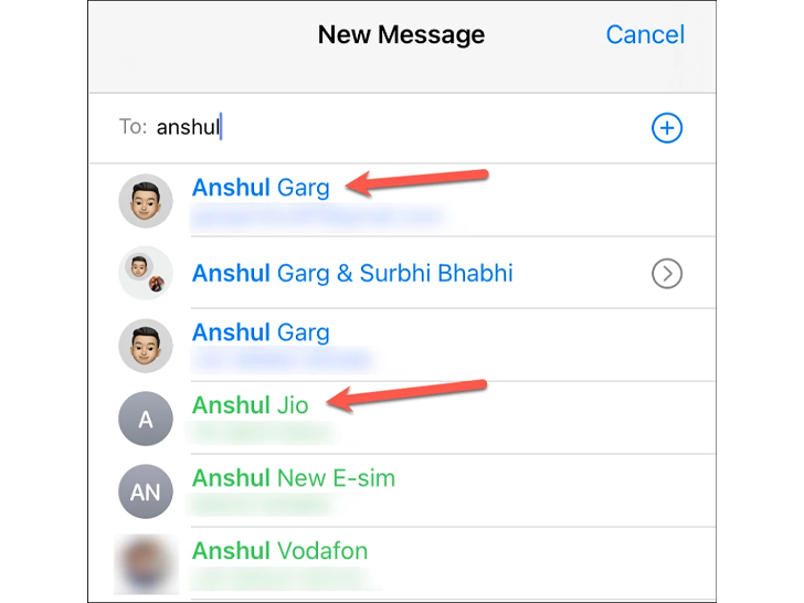 نام/شماره مخاطب را در قسمت «To» تایپ کنید