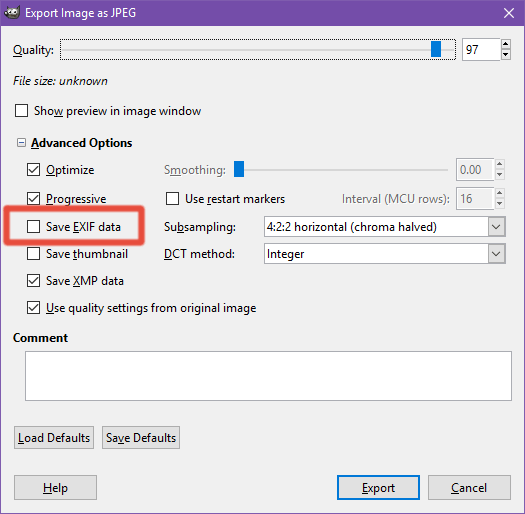 تیک گزینه Save EXIF data را بردارید