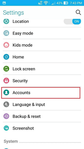 به بخش Accounts یا Accounts & sync بروید