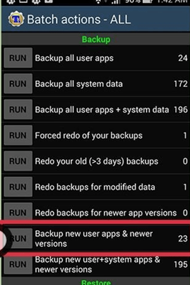 عبارت Backup new user apps- newer versions را لمس کنید عبارت Backup new user apps- newer versions را لمس کنید
