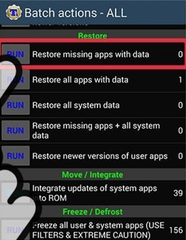 عبارت Restore missing apps with data را لمس کنید عبارت Restore missing apps with data را لمس کنید
