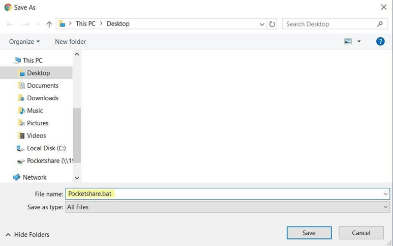 در کنار گزینه File name عبارت Pocketshare.bat را وارد کنید در کنار گزینه File name عبارت Pocketshare.bat را وارد کنید