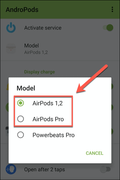در منو AndroPods در پنجره شناور Model، گزینه AirPods 1,2 را انتخاب کنید