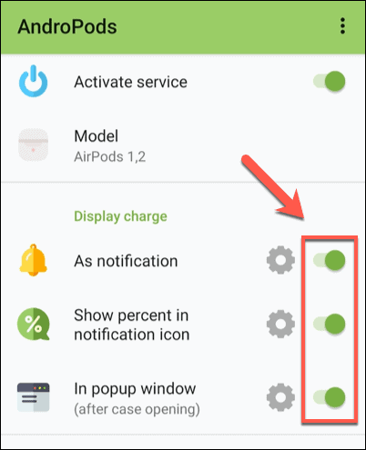 در منو AndroPods ، روی گزینه Display charge ضربه بزنید و اعلان هایی که می خواهید استفاده کنید را مشخص کنید.