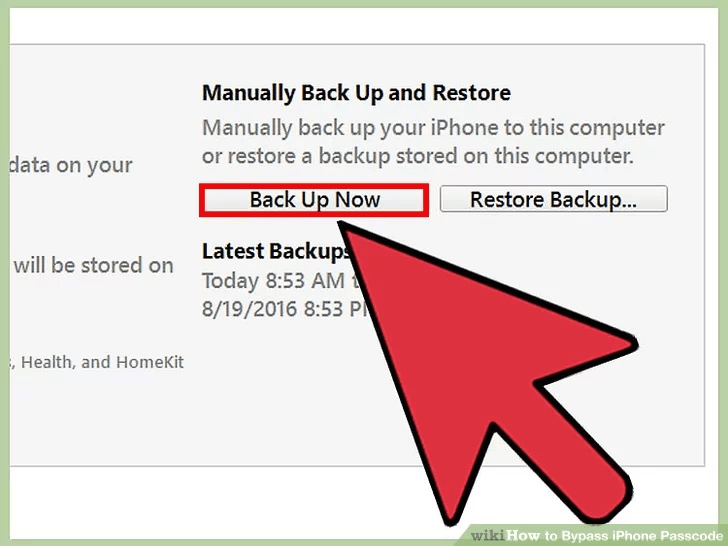 روی گزینه «Back Up Now» در زیر قسمت «Backups» کلیک کنید