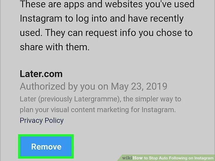 برای حذف زیربرنامه یا وب سایت از اینستاگرام، روی Remove کلیک کنید