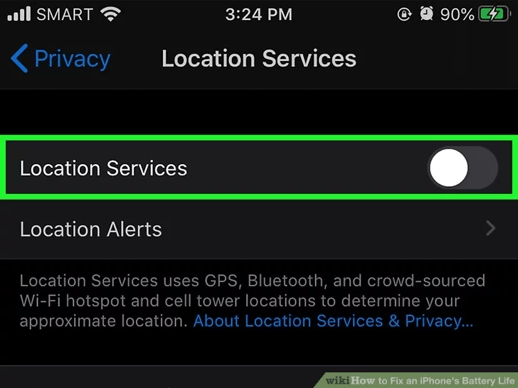 برای غیرفعال کردن خدمات موقعیت مکانی روی «Location Services» ضربه بزنید و آن را روی Off بکشید