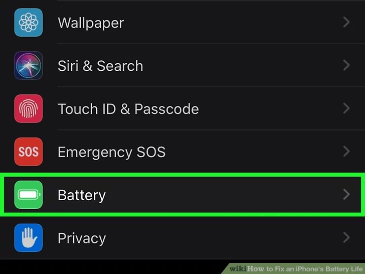 به پایین اسکرول کنید و روی گزینه Battery ضربه بزنید