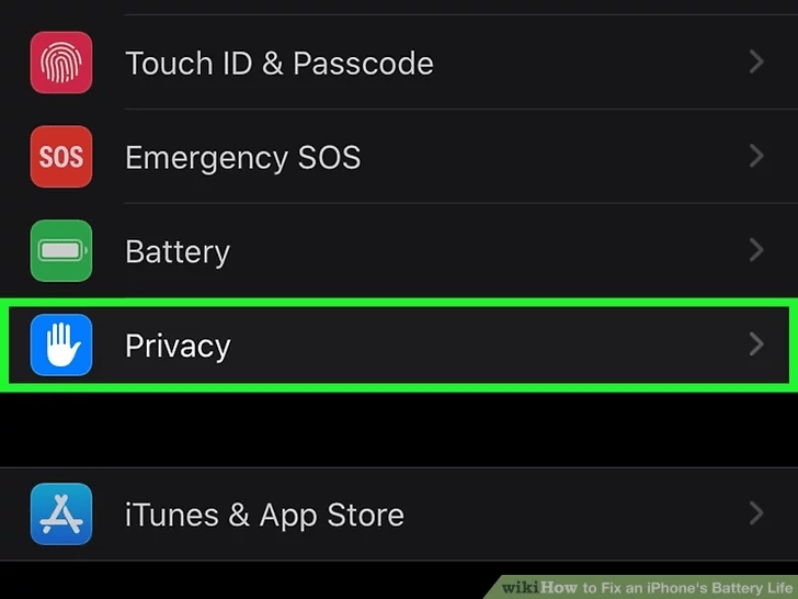 به پایین اسکرول کنید و روی گزینه Privacy ضربه بزنید