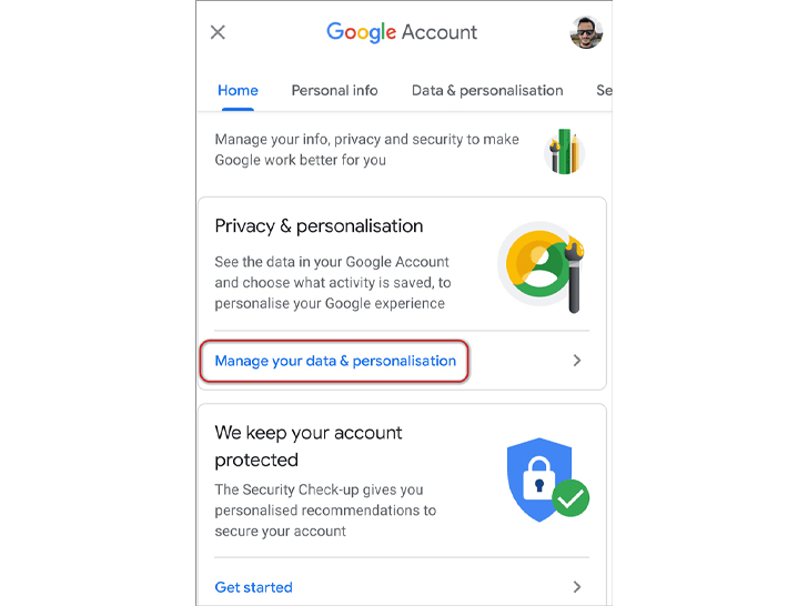 روی گزینه «Manage your data & personalization» ضربه بزنید