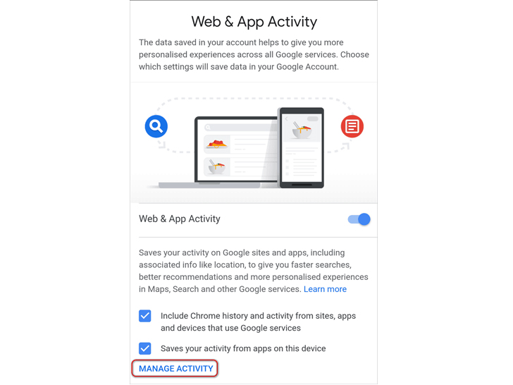 روی گزینه «Web & App Activity» و سپس «Manage Activity» ضربه بزنید
