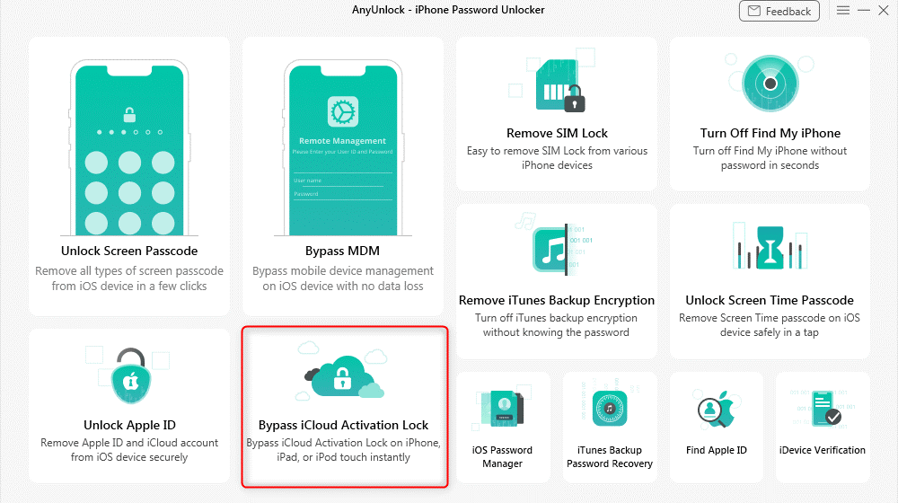 Bypass iCloud Activation Lock را در رابط اصلی انتخاب کنید