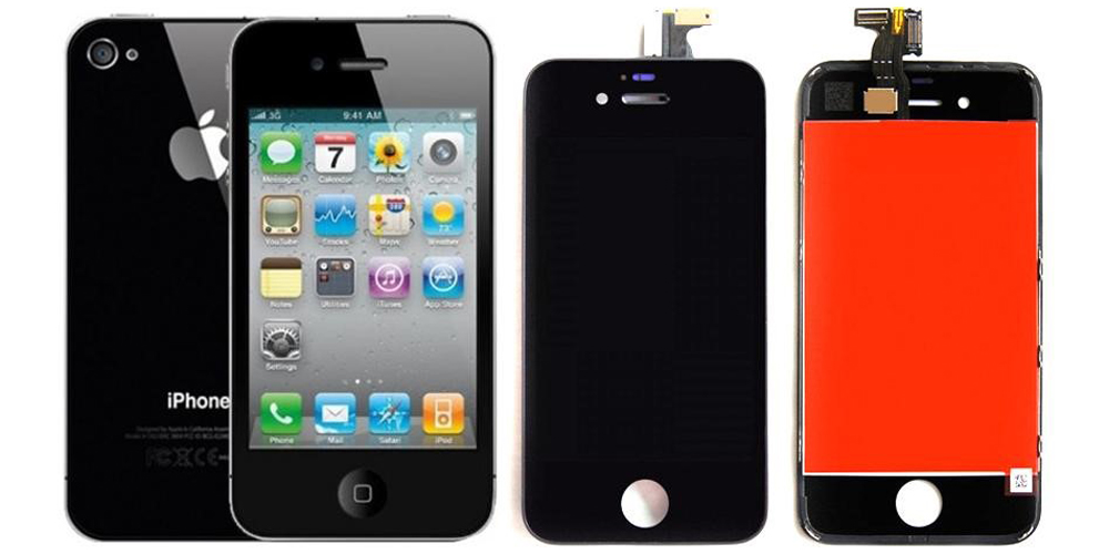 2 عدد ال سی دی iPhone 4 اپل در کنار گوشی آیفون 4 در پس زمینه سفید رنگ قرار دارد