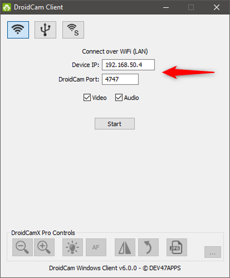 DroidCam Client را باز کنید و آدرس IP و اطلاعات دیگر را وارد کنید