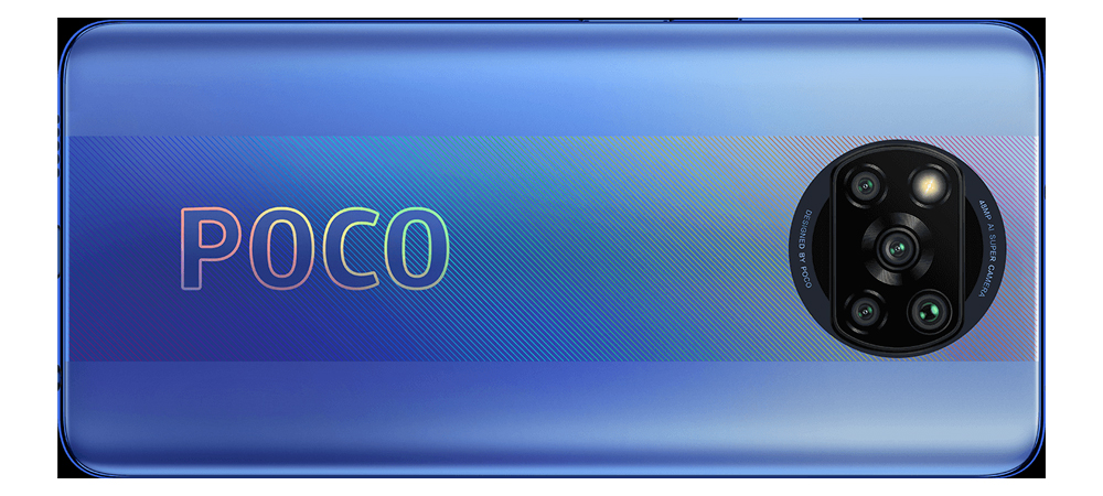قاب پشت گوشی شیائومی مدل پوکو ایکس 3 پرو آبی رنگ، جدید و زیبا می باشد. یک نوار بازتابنده در وسط کشیده شده است که طرفین آن با بافت متالیک پوشانده شده است. دوربین چهارگانه ایکس شکل نیز به خوبی دیده می شود