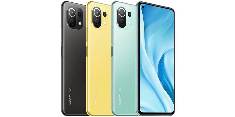چهار موبایل شیائومی می 11 لایت فایو جی در رنگ های مشکی، زرد لیمویی، سبز کمرنگ و نمایی از پنل جلویی در پس زمینه سفیدرنگ