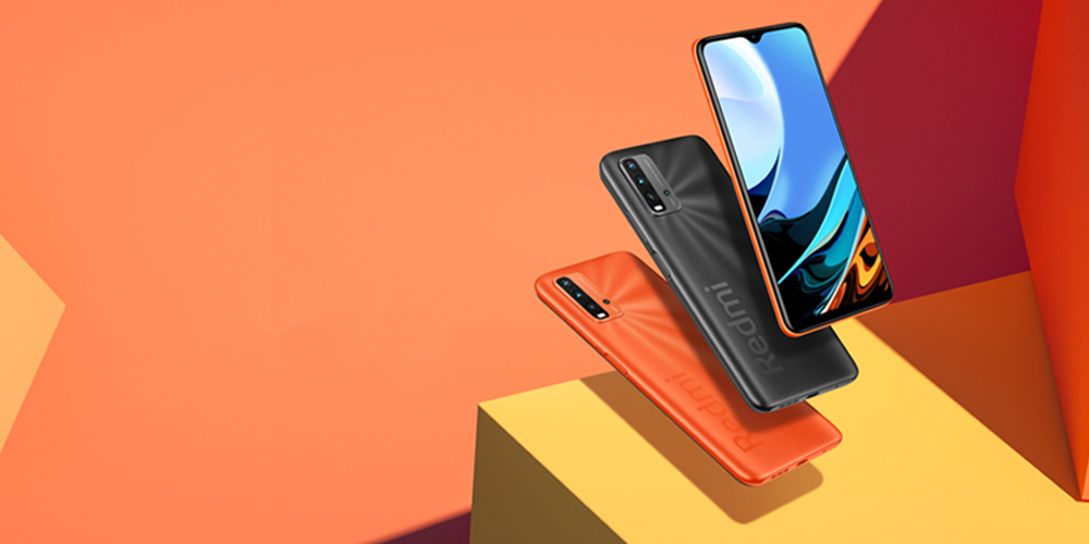 سه موبایل Redmi 9T 64GB 4GB در پس زمینه زرد و نارنجی قرار گرفته اند