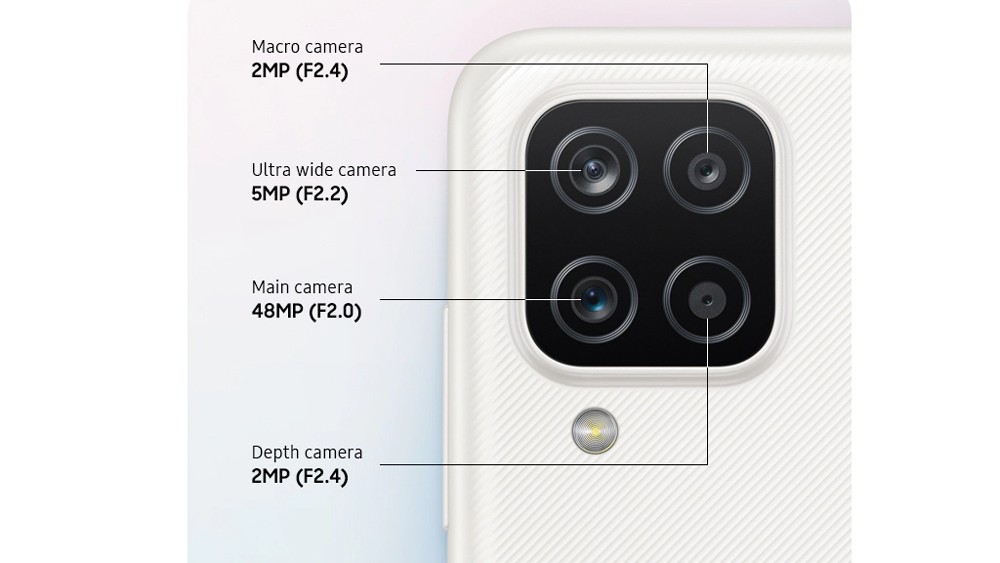 چیدمان مربعی شکل دوربین های چهارگانه آ12 سامسونگ به همراه مشخصات و میزان پیکسل های های هر یک از لنزها
