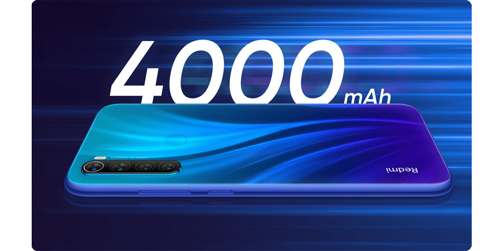 موبایل شیائومی ردمی نوت 8 با باتری 4000 میلی آمپر ساعت در پس زمینه آبی رنگ
