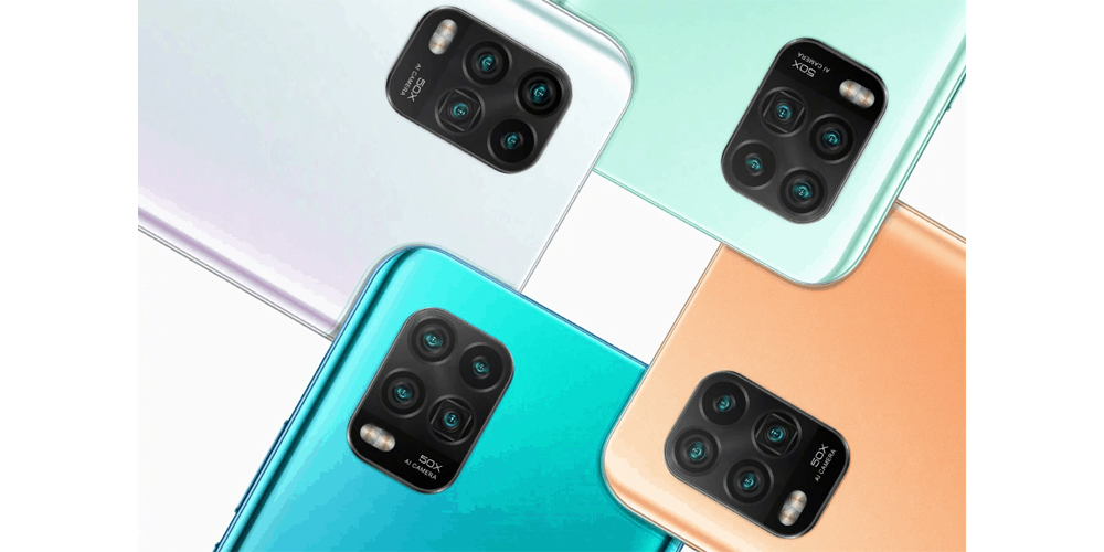 کلوز آپ از دوربین پشت چهار موبایل Mi 10 Youth 5G شیائومی در رنگ های سبز، نارنجی، آبی و سفید در پس زمینه سفید رنگ